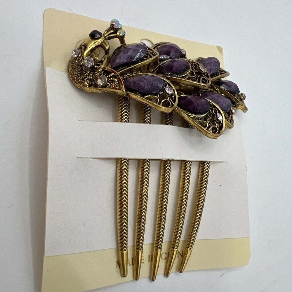 Peacock beads & Rhinestones Hair Comb purple , black and AB‎ gold tone